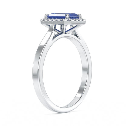 Rectangular Blue Sapphire Halo Ring