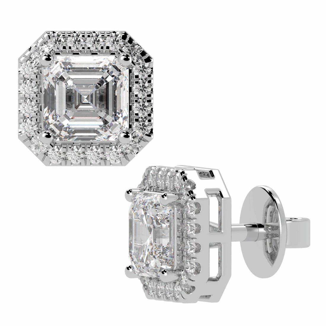 Halo Asscher Solitaire Stud Earrings