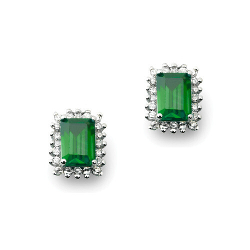 Rectangular Green Emerald Sunburst Earrings 9K White Gold